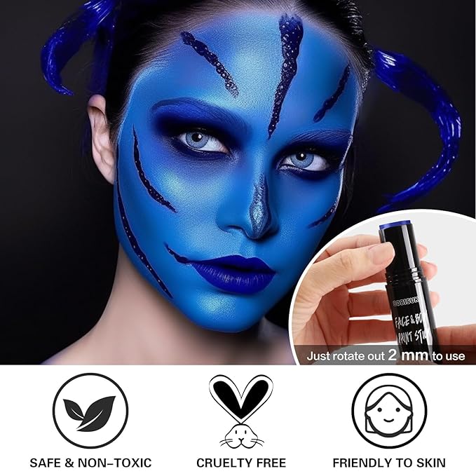 BOBISUKA Blue Face Body Paint Stick Dark Blue Eye Black Sticks for Sports Water Based Face Painting Kit Quick Drying Foundation Makeup for Halloween Avatar Mystique Smurf Cosplay SFX Costume Party