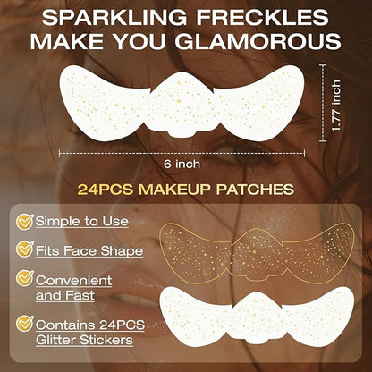 24 Pcs Glitter Freckles Face Tattoo,Gold Face Glitter Makeup Patches Cute Sparkle Freckles Patches Waterproof Makeup Speckles for Face Accessories for Women Girls