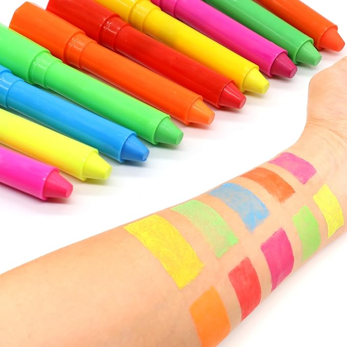 UV Neon Face & Body Paint Stick -10 Glow-in-the-Dark Colors for Halloween, Parties, Raves-Safe Non-Toxic UV Reactive Makeup for Skin, Cosplay & Festivals