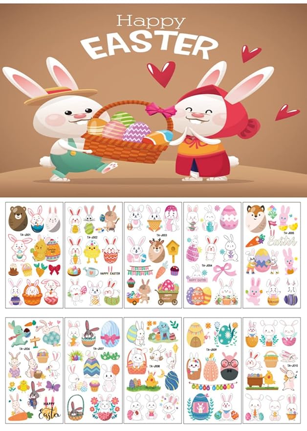 10 Sheets(110PCS) Easter Tattoo Temporales for Kids,Bunny Egg Chicks Tattoo Stickers,Facial Hands Available,Easter Party Decorations