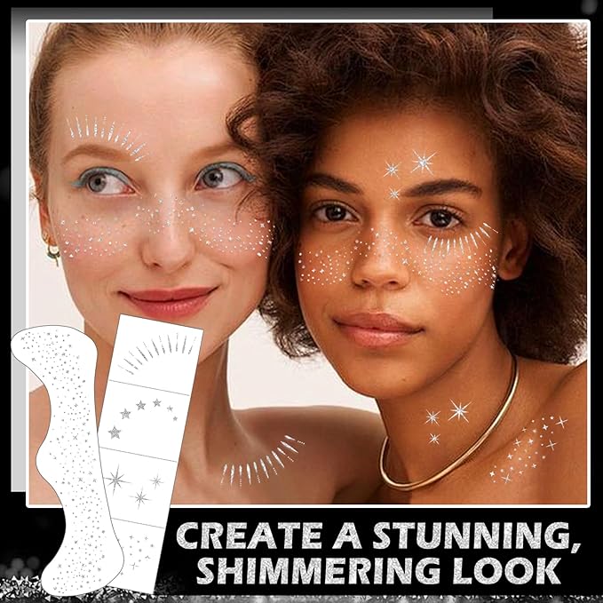 20 Sheets Glitter Freckles Face Tattoo Silver Glitter Freckles Temporary Face Tattoos Makeup Patches,Face Glitter Patches,Face Glitter Freckles Tattoos for Women