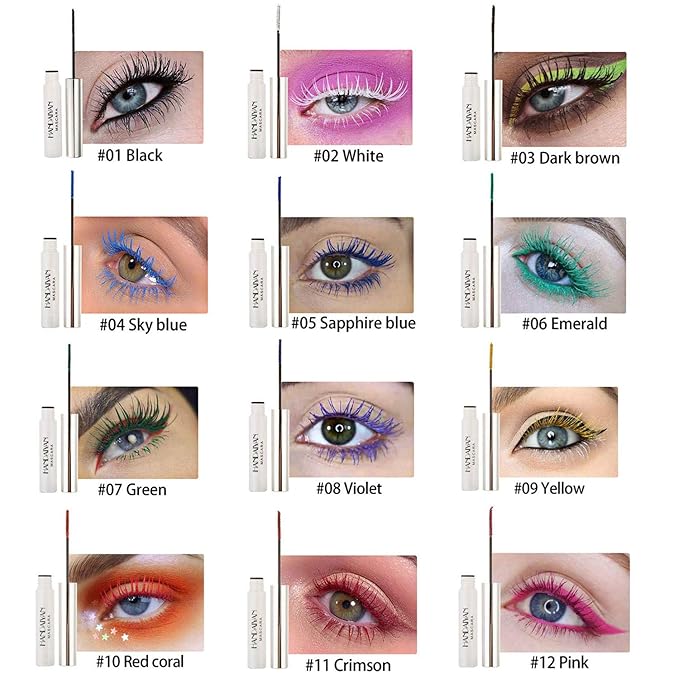GL-Turelifes 12 Color Mascara Colorful Fiber Mascara Charming Longlasting Mascara, Thick & Long Eyelash Waterproof and Smudge-proof Eyes Makeup (White)