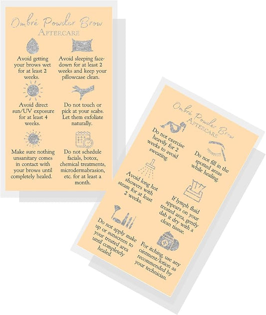 Ombre Powder Brow Aftercare Instructions Cards | Package of 50 | Double Sided Size 2x3.5" inches Business Card | Tan with Silver Glitter Look Design
