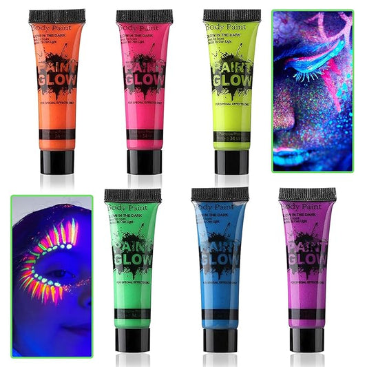 Glow in the Dark Face & Body Paint Set - 6 Colors, Professional Kit for Party, Cosplay, Blacklight Glow SFX Makeup, 10 ml