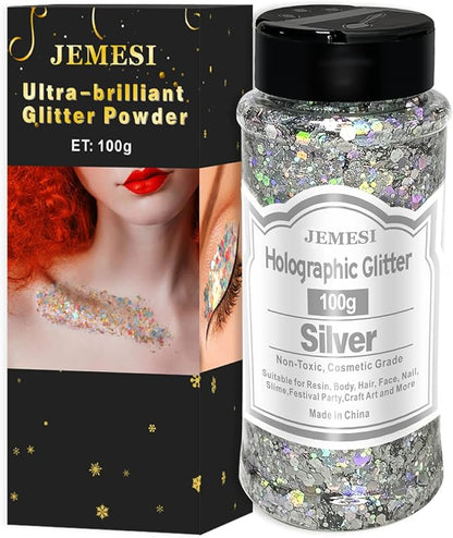 Holographic Chunky Glitter, 100g Silver Cosmetic Craft Glitter for Epoxy Resin, Nail Sequins Iridescent Flakes, Body, Face, Hair, Nail, Glitter Slime Making