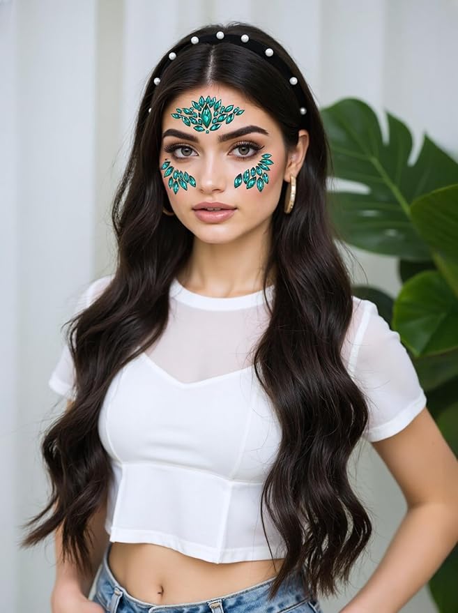 festival face gems Mermaid Face Jewels Stick On Rhinestone sticker Rave Accessories crystal body jewel tattoo stickers face gems for make up (aquamarine)