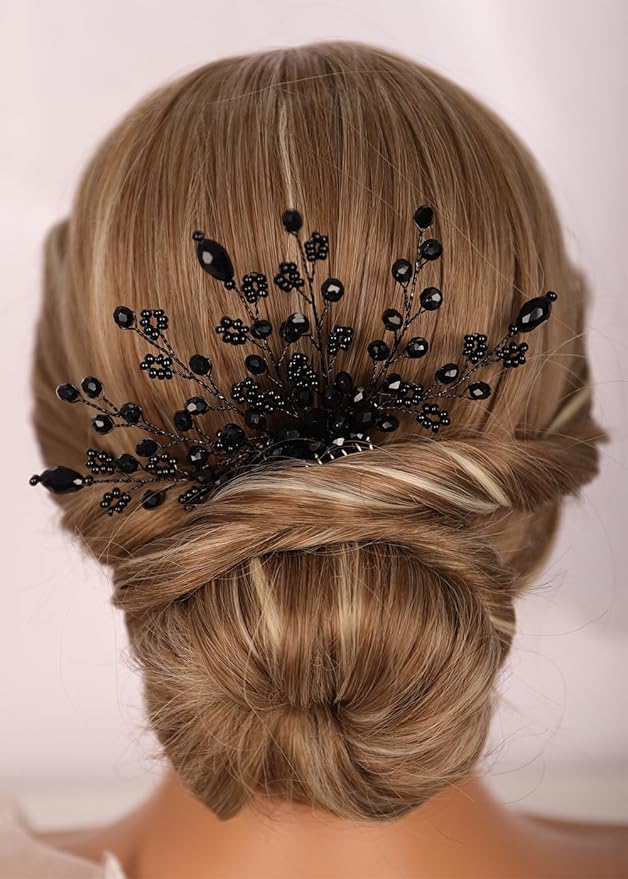 Kercisbeauty Tiny Cute Black Beads Flower Hair Comb Wedding Bridal Handmade Dainty Hair Accessories Headpiece for Women Girls Prom Jewelry