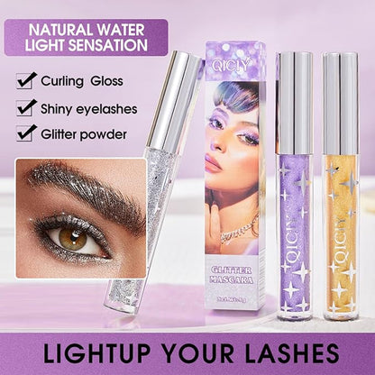 Petansy 3 Colors Glitter Mascara Waterproof Long Lasting Lightweight Smudge-Proof Colored Mascara Diamond Sparkling Colorful Mascara，Voluminous Colorful Eyelashes Party Stage Use Makeup for Women