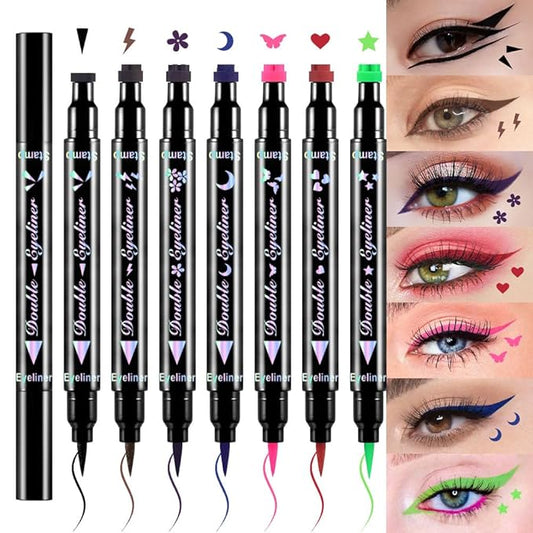 evpct 7Pcs Colored liquid Eye Liners Face Stamp Cosplay Gothic Makeup Set Kit for Beginners, Black Brown Purple Blue Red Pink Green Star Flowers Heart Moon Triangle Lightning Butterfly Stamps Eyeliner