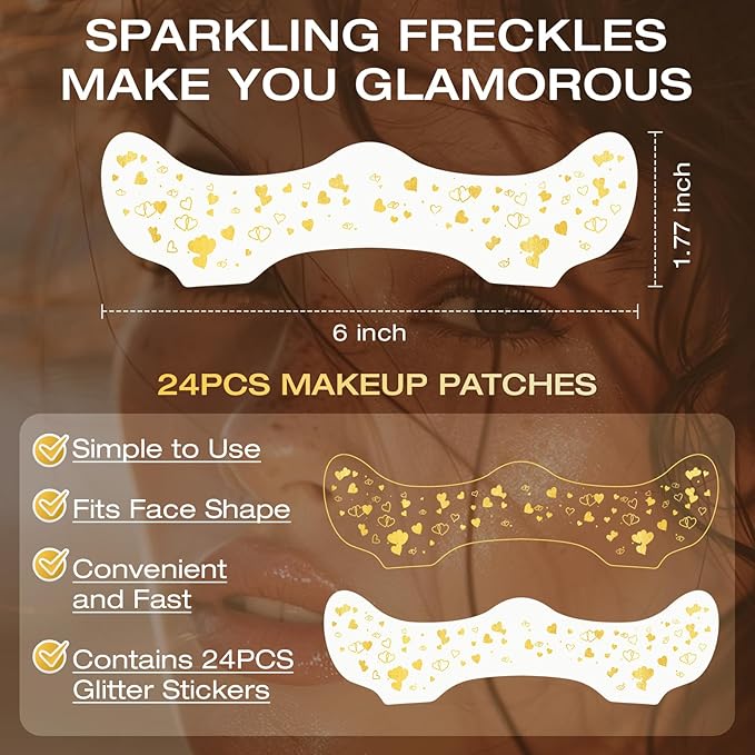 24 Pcs Glitter Freckles Face Tattoo,Gold Face Glitter Makeup Patches Cute Sparkle Freckles Patches Waterproof Makeup Speckles for Face Accessories for Women Girls