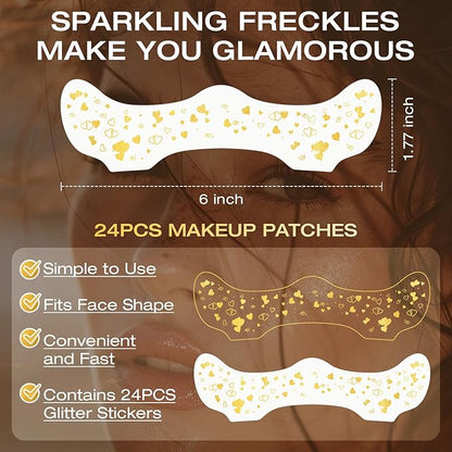 24 Pcs Glitter Freckles Face Tattoo,Gold Face Glitter Makeup Patches Cute Sparkle Freckles Patches Waterproof Makeup Speckles for Face Accessories for Women Girls