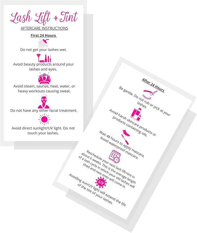 Lash Lift + Tint Aftercare Instruction Cards | 50 Pack | 2 x 3.5” inches Business Card Size | Eyelash Lift and Tint Kit at Home DIY aftercare Supplies | White with Pink Icon Design
