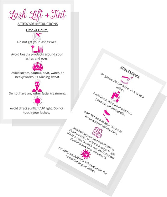 Lash Lift + Tint Aftercare Instruction Cards | 50 Pack | 2 x 3.5” inches Business Card Size | Eyelash Lift and Tint Kit at Home DIY aftercare Supplies | White with Pink Icon Design