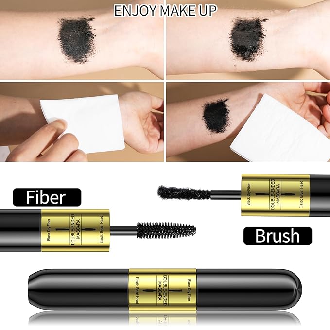 4d Lengthening Curling Black Mascara, 2 in 1 Mascara Double Headed Tubing for Lash Makeup, 5x Longer Waterproof Lash Silk Fiber Eyelash, Non Smudge Lasting Curling