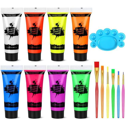 Blacklight Neon Face and Body Paint, 8 Tubes 0.34oz Glow in the Dark Body Paints, Neon Fluorescent Glow in Dark Party Supplies (10ml).…