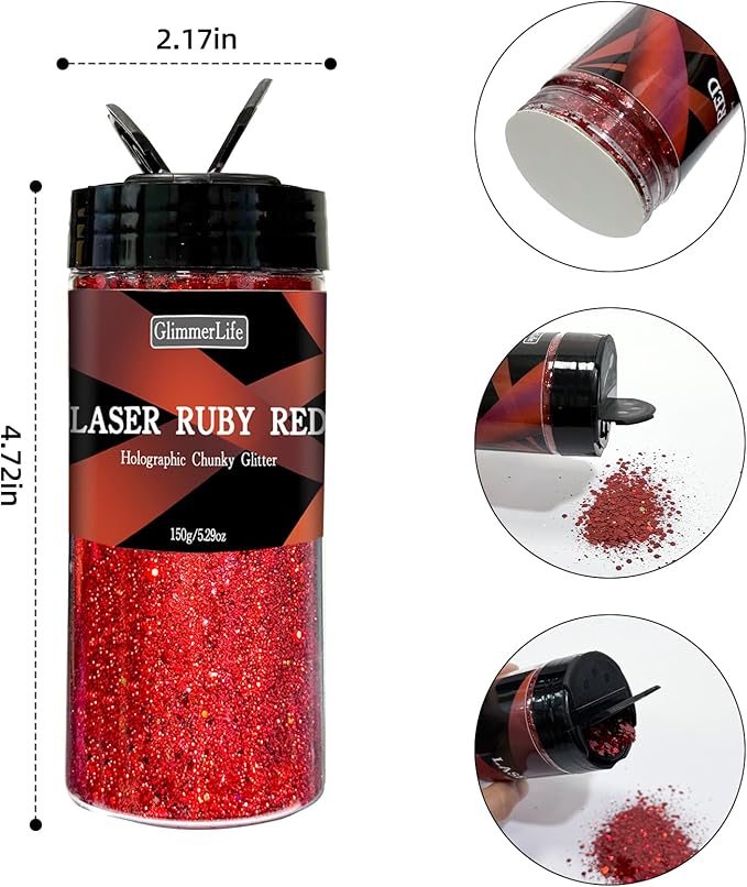 GlimmerLife Red Glitter 150G/5.29OZ, Holographic Chunky Glitter, Craft Glitter for Resin, Metallic Iridescent Glitter, Glitter for Nail, Body, Face, Hair, Christmas Glitter, Halloween Decorations