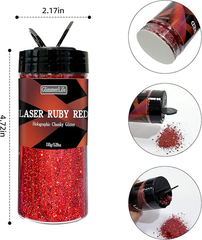 GlimmerLife Red Glitter 150G/5.29OZ, Holographic Chunky Glitter, Craft Glitter for Resin, Metallic Iridescent Glitter, Glitter for Nail, Body, Face, Hair, Christmas Glitter, Halloween Decorations