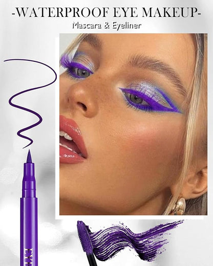 Purple Waterproof Mascara & Eyeliner, 5D Silk Fiber Lash Extension Colored Tube Mascara Volume and Length,Long-Lasting Smudge-Proof Volumizing Colorful Máscara & Liquid Eyeliner Pen Set for Women
