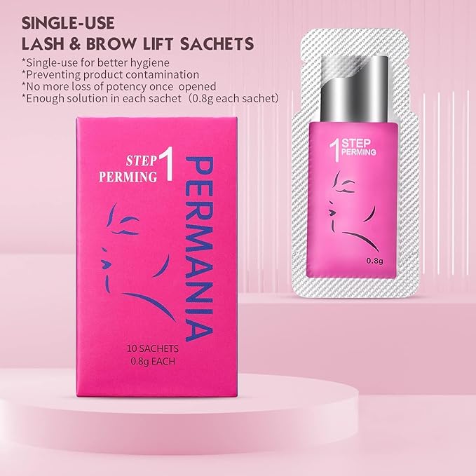 PERMANIA Lash Lift Kit,Separate Steps Products for Salon or at Home, Steps 10 Sachets of 0.8g/0.03oz Each Prep (STEP#1)