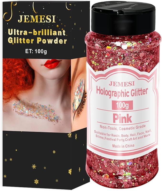 Holographic Chunky Glitter, 100g Pink Cosmetic Craft Glitter for Epoxy Resin, Nail Sequins Iridescent Flakes, Body, Face, Hair, Nail, Glitter Slime Making