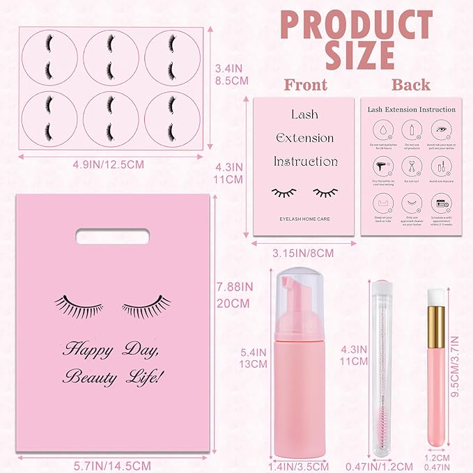 52PCS Lash Shampoo Bottles Brushes Set, 10pcs Foam Pump Dispenser, Lash Cleaning Brush, Eyelash Extension Tube Brush, Instructions Cards, Lash bags, 2pcs Eyelash Stickers for Business Clients (pink)