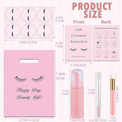 52PCS Lash Shampoo Bottles Brushes Set, 10pcs Foam Pump Dispenser, Lash Cleaning Brush, Eyelash Extension Tube Brush, Instructions Cards, Lash bags, 2pcs Eyelash Stickers for Business Clients (pink)