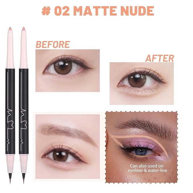 3PC Dual Ended Makeup Highlighter Pen, Glitter & Matte Nude Pink EyeLiner & Eyeshadow, Liquid Contour Liner 2 in 1 Eye Make Up Stick, Mulit-Funtional Long Lasting Lying Silkworm Pencil Set