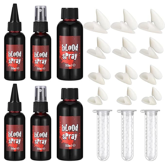 6 PCS Halloween Fake Blood Makeup Kit 4 Size Vampire Teeth Fangs Washable Realistic Fake Blood Spray Dripping Blood Gel for Cosplay Zombie Vampire Monster