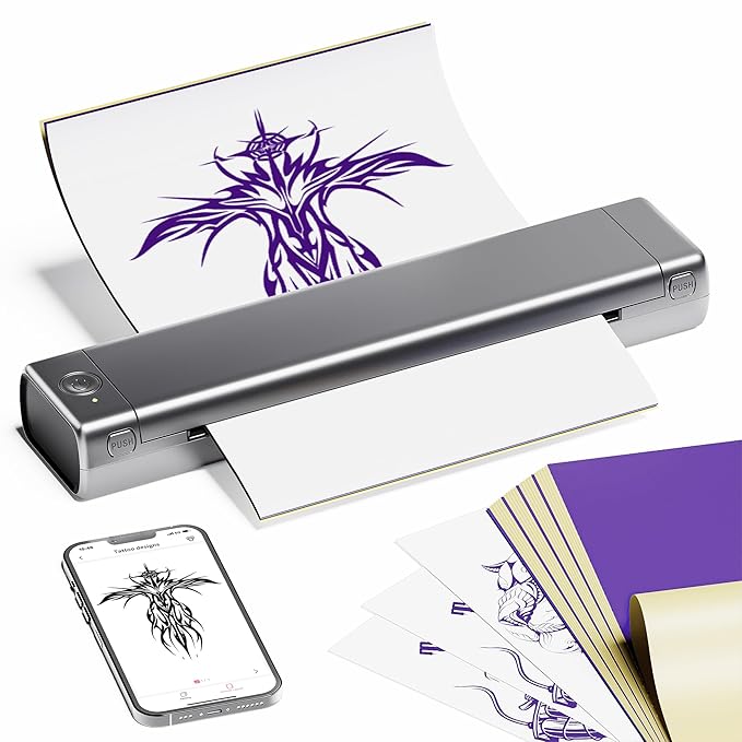 Wireless Tattoo Transfer Machine - Thermal Stencil Printer for Temporary & Specialty Tattoos, Compatible with Tablet PC & Phone - Silver