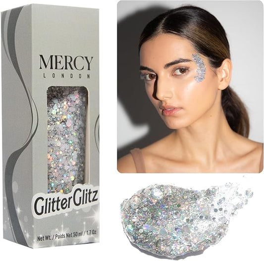 MERCY LONDON Glitter Glitz Silver Holographic Gel. 50ml Chunky Glitter Gel for Hair, Eye and Body
