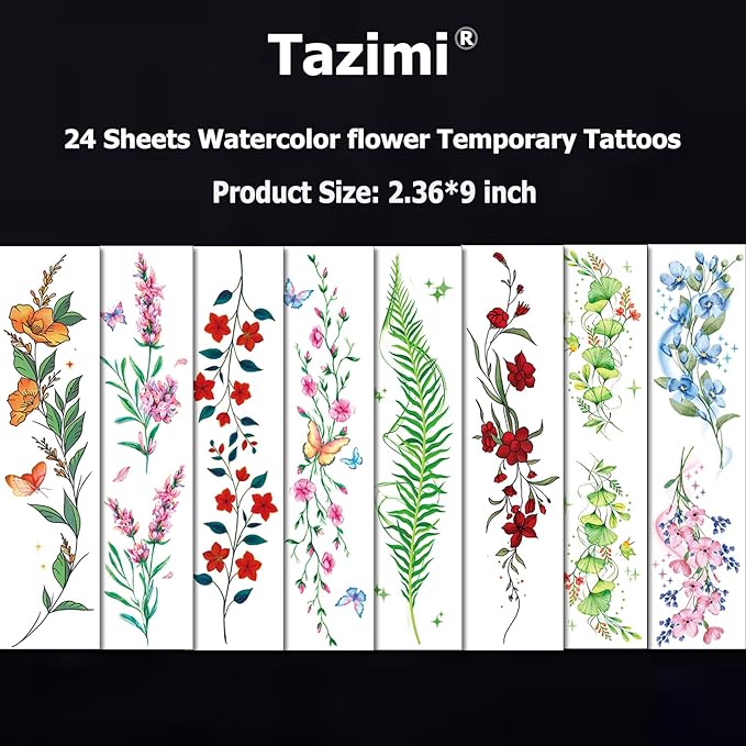 Tazimi Watercolor Temporary Tattoos For Women Girls-24 Sheets Colorful Flower Lavender Rose Vine Forget-me-not Plum Blossoms Wild flowers Realistic Waterproof Tattoo Stickers Body Art