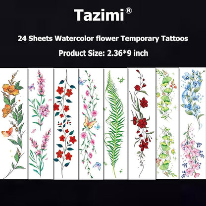 Tazimi Watercolor Temporary Tattoos For Women Girls-24 Sheets Colorful Flower Lavender Rose Vine Forget-me-not Plum Blossoms Wild flowers Realistic Waterproof Tattoo Stickers Body Art