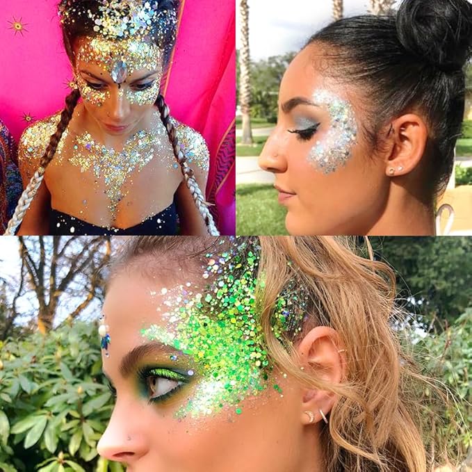 Holographic Body Glitter Gel,Chunky Glitter Mermaid Sequins Liquid Sparkling Glitter Gel for Rave Accessories Face Hair Eye Makeup Festival Party Concerts White+Pink+Sliver (A)