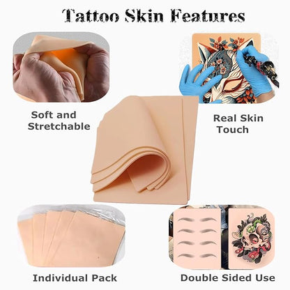 3mm Tattoo Skin Practice Kit - Yuelong 25Pcs Tattoo Fake Skin with Tranfer Paper Kit 5pcs Fake Skin and 20Pcs Stencil Paper Silicone Thick Practice Skins Double Sided and A4 Tattoo Stencil Paper
