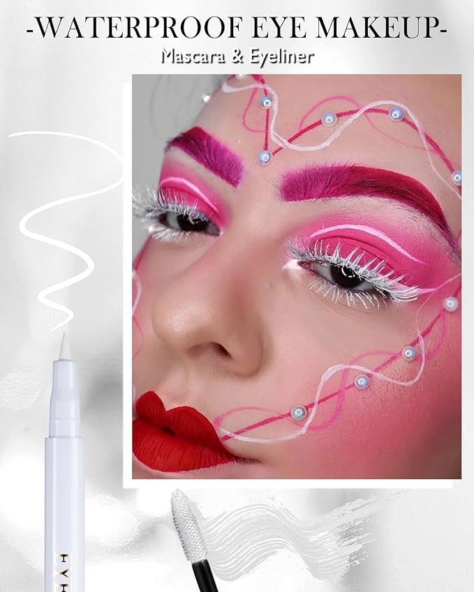 White Waterproof Mascara & Eyeliner, Fiber Lash Extension Colored Tube Mascara Volume and Length, Long Wear Smudge-Proof Voluminzing Colorful Máscara and Liquid Eyeliner Pen Christmas Kit for Women