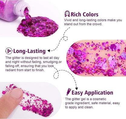 Body Glitter Hair Glitter Face Paint Sparkles Makeup,10 Colors Glitter Gel Singer Concerts Disco Rave Festival Valentine’s Day Accessories,Chunky Sequins Mermaid Gel for Women Eyeshadow Children Hair