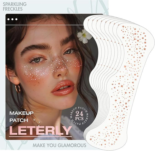 24 Pcs Glitter Freckles Face Tattoo,Rose Gold Face Glitter Makeup Patches Cute Sparkle Freckles Patches Waterproof Makeup Speckles for Face Accessories for Women Girls
