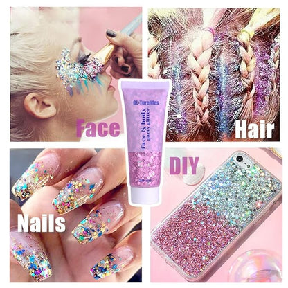 GL-Turelifes Chunky Glitter Gel Glitter Body Gel Festival Glitter Cosmetic Face Hair Nails Makeup Mermaid Sequins Liquid Eyeshadow Long Lasting Sparkling 50ml Easy to Apply, Easy to Remove (#03 Pink)