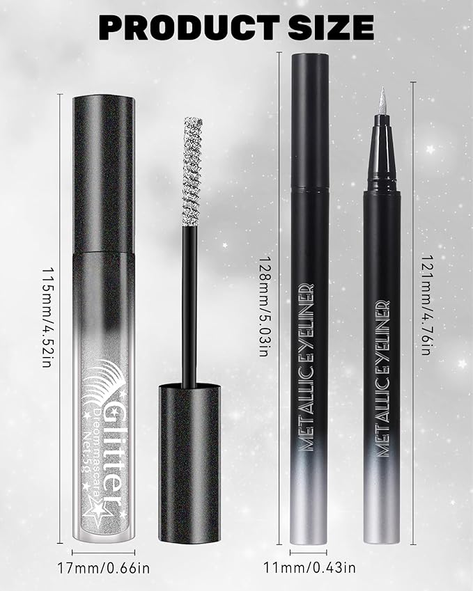 Sliver Mascara and Eyeliner Set,5D Silk Fiber Lash Extension Colored Tube Mascara Volume and Length,Waterproof Glitter Eyeliner Liquid,Long Lasting Smudge-Proof Eye Makeup Kit-Pink