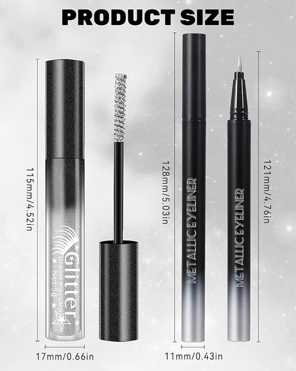 Sliver Mascara and Eyeliner Set,5D Silk Fiber Lash Extension Colored Tube Mascara Volume and Length,Waterproof Glitter Eyeliner Liquid,Long Lasting Smudge-Proof Eye Makeup Kit-Pink