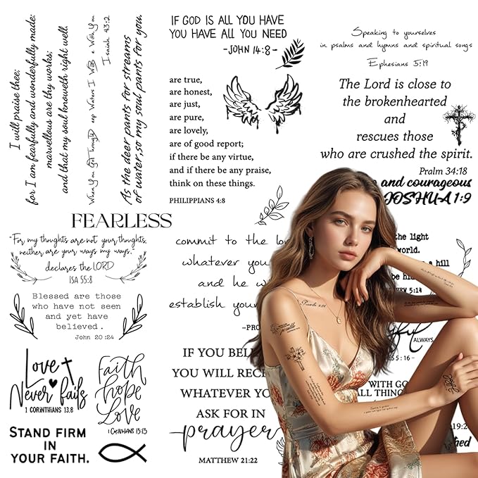 72PCS Christian Temporary Tattoos For Adults Inspirational Bible Verse Quotes Suitable Tattoos Stickers For Believers As Well As Women And Men