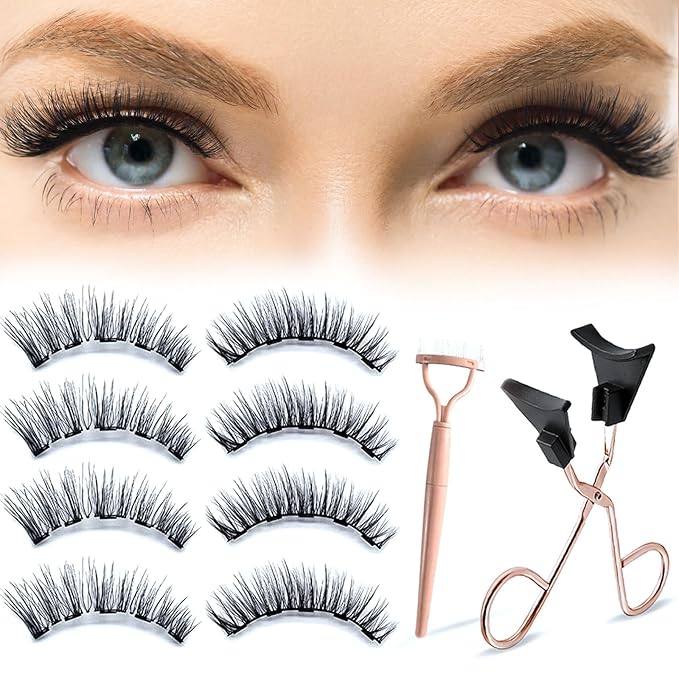 Magnetic Eyelashes, 3D Natural Look Dual Magnetic Lashes Kit with Applicator & Eyelash Comb, without Eyeliner, Reusable & Waterproof False Eyelashes, 8 Count