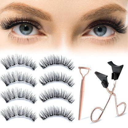 Magnetic Eyelashes, 3D Natural Look Dual Magnetic Lashes Kit with Applicator & Eyelash Comb, without Eyeliner, Reusable & Waterproof False Eyelashes, 8 Count