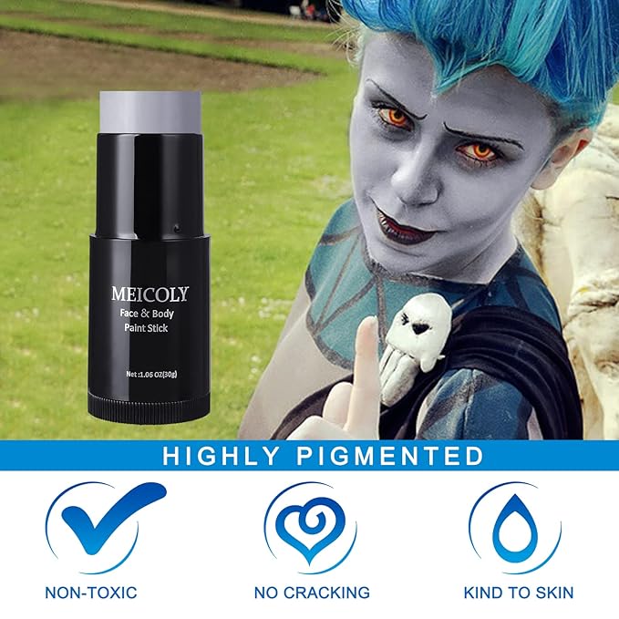MEICOLY Grey Face Paint Stick(1.06 Oz),Sweatproof Waterproof Full Body Paint Stick,Face Painting for Halloween SFX Zombie Homestuck Grayscale Cosplay Makeup