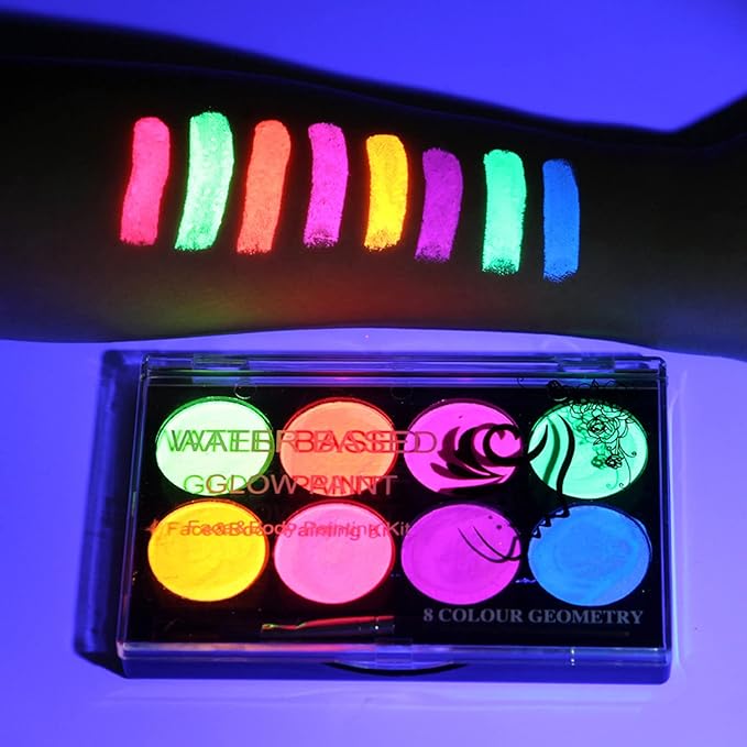 8 Colors UV Neon Glow in the Dark Face Paint,Water Activated Eyeliner Set Neon Rave Body Paint Palette,Water Based Fluorescent Face Painting Kit Halloween Washable for Kids
