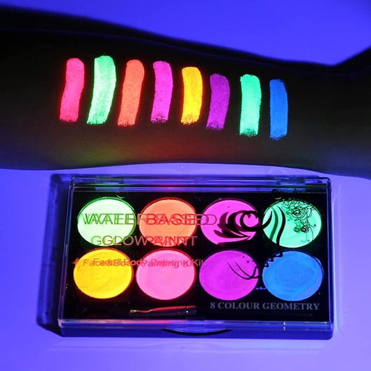 8 Colors UV Neon Glow in the Dark Face Paint,Water Activated Eyeliner Set Neon Rave Body Paint Palette,Water Based Fluorescent Face Painting Kit Halloween Washable for Kids
