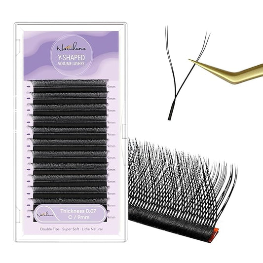 YY Eyelash Extension 0.07mm C Curl 9mm Tray Lash Supplies Premade Fans Y Shape Volume Lash 12 Rows Premium Faux Mink Lash Extensions (9mm, Black;0.07C)