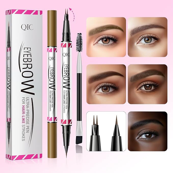 Microblading Eyebrow Pen,2-in-1 Dual-Ended Eye Brow Pencil with 2-Fork-Tip and Precise Brush-Tip, Waterproof Long Lasting Eyebrow Pen for Natural Hair-Like Brows(Black)