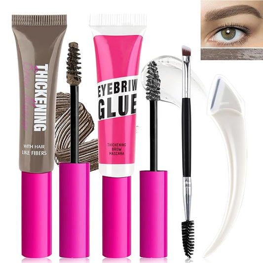Waterproof Tinted Brow Gel Kit-Brown Tint Thickening Eyebrow Mascara Gel & Clear Setting Brow Glue, Brow Lift Fast Sculpt, Extreme Hold Eyebrow Gel Long Lasting Eye Makeup for Women