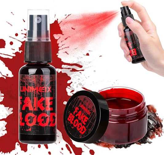 UNIMEIX 1 OZ Fake Blood Spray and 1 OZ Gel Fake Blood Makeup Kit Washable Sfx Makeup for Clothes Mouth Eyes，Stage Blood for Halloween Zombie Vampire Cosplay Party